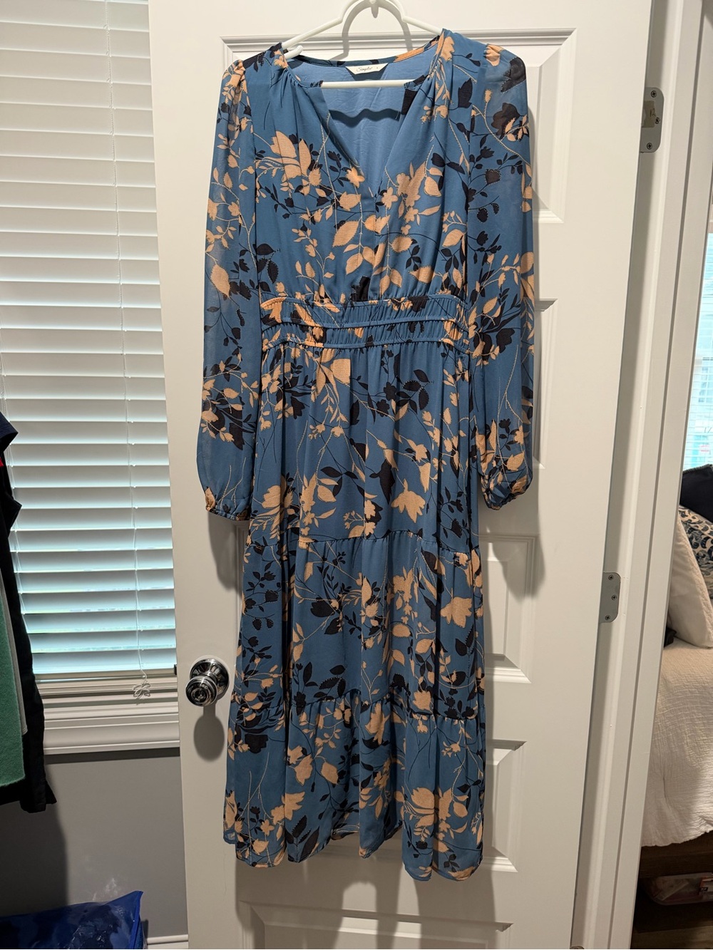 Simple Blue Midi Dress with Peach Floral Motif